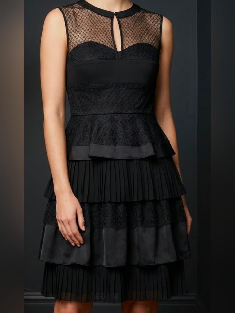 Max & Cleo Black Lace Peplum Tiered Midi Dress